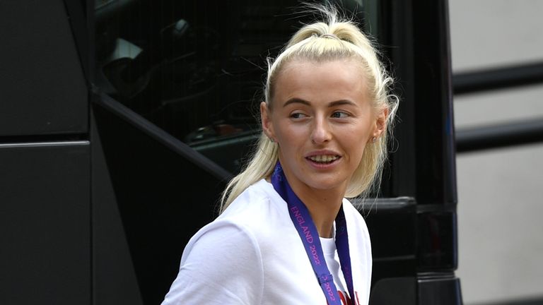 England&#39;s Chloe Kelly following England&#39;s historic UEFA Women&#39;s EURO 2022 triumph at The Lensbury, Teddington. Picture date: Monday August 1, 2022.