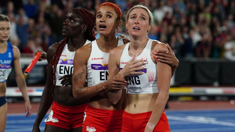 England&#39;s Victoria Ohuruogu, Jodie Williams and Jessie Knight wait to see the result of the women&#39;s 4 x 400m relay final at Alexander Stadium  in Birmingham