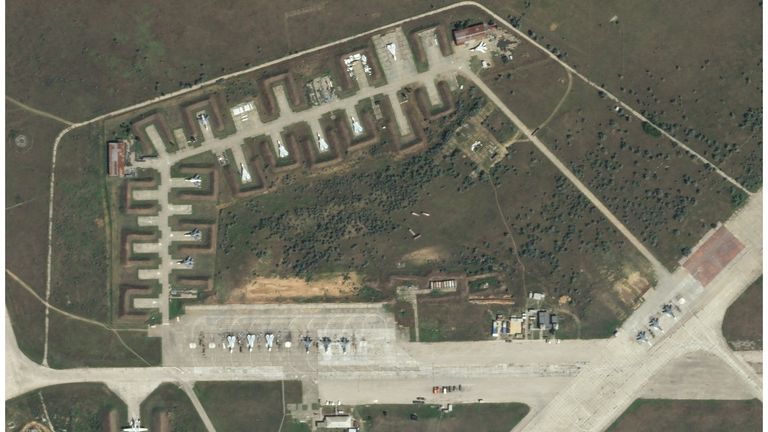 This satellite image provided by Planet Labs PBC shows Saky air base in Crimea on 9 August 2022 before the attack