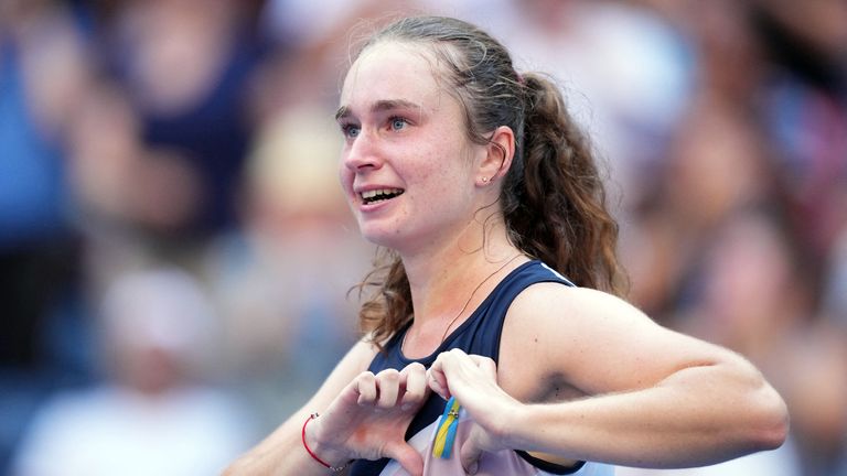 Aug 29, 2022; Flushing, NY, USA; Daria Snigur of Ukraine makes a heart over a pin with the colors of Ukraine after defeating Simona Halep of Romania on day one of the 2022 U.S. Open tennis tournament at USTA Billie Jean King National Tennis Center. Mandatory Credit: Danielle Parhizkaran-USA TODAY Sports
