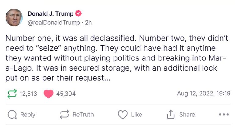 Donald Trump Truth Social post about the FBI's search for his home in Mar-a-Lago, Florida.  Pic: Social truth