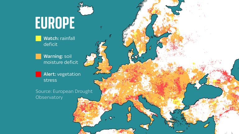 Quelque 45 % du territoire de l'UE se trouve en "Attention" conditions de sécheresse, et 15% a atteint "alerte" niveau