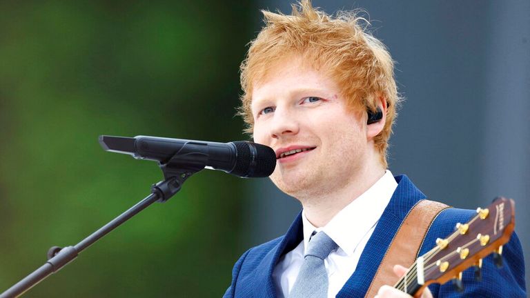 British singer Ed Sheeran performs at the Platinum Jubilee celebrations in London on Sunday 5 June 2022. Credit: Hannah McKay/Pool Photo via AP