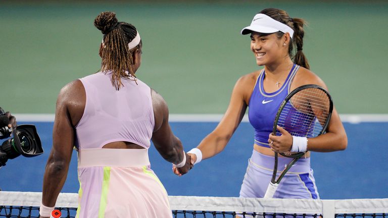 Emma Raducanu beat Serena Williams in their match during the Western & Southern Open. Pic: AP
