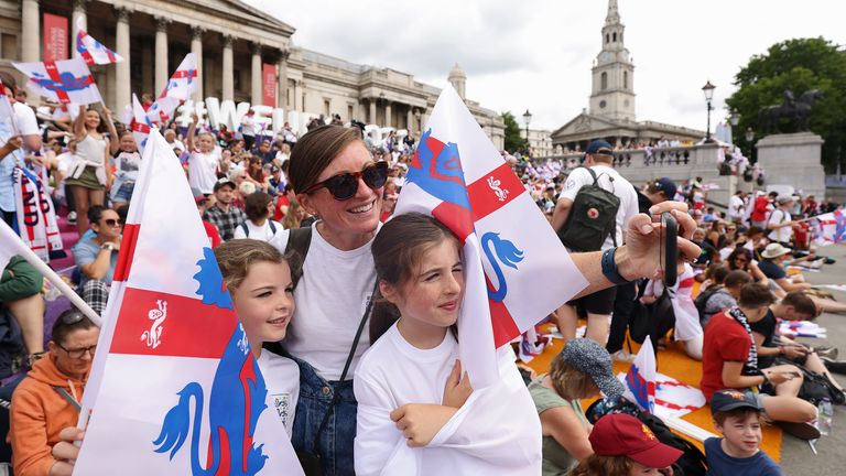 From left to right, Elsie, Claire and May from the Georgiades family take a selfie during a fan celebration to commemorate England&#39;s historic UEFA Women&#39;s EURO 2022 triumph in Trafalgar Square, London. Picture date: Monday August 1, 2022.