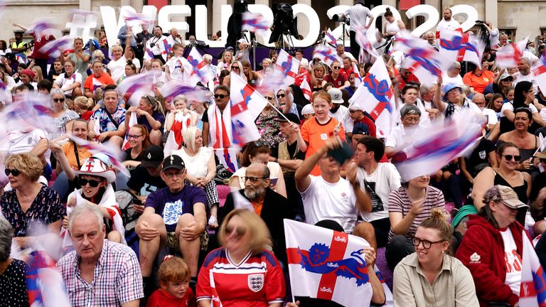 England fans during a fan celebration to commemorate England&#39;s historic UEFA Women&#39;s EURO 2022 triumph in Trafalgar Square, London. Picture date: Monday August 1, 2022.
