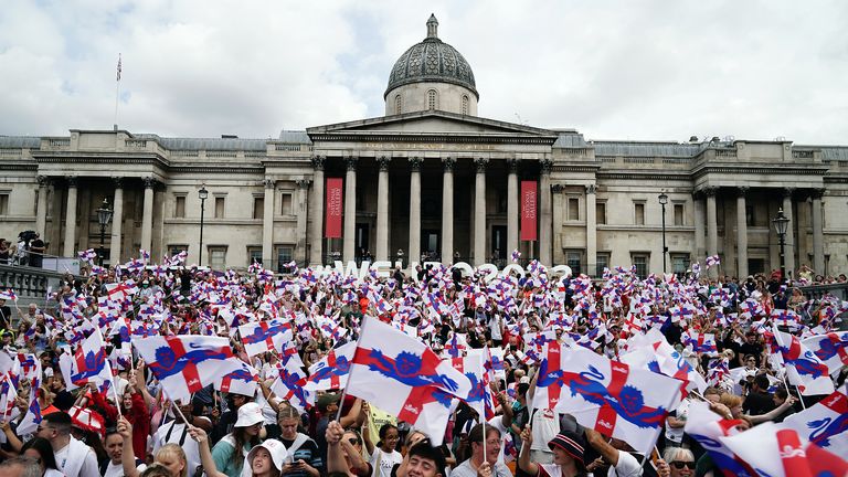 England fans during a fan celebration to commemorate England's historic UEFA Women's EURO 2022 triumph in Trafalgar Square, London. Picture date: Monday August 1, 2022.