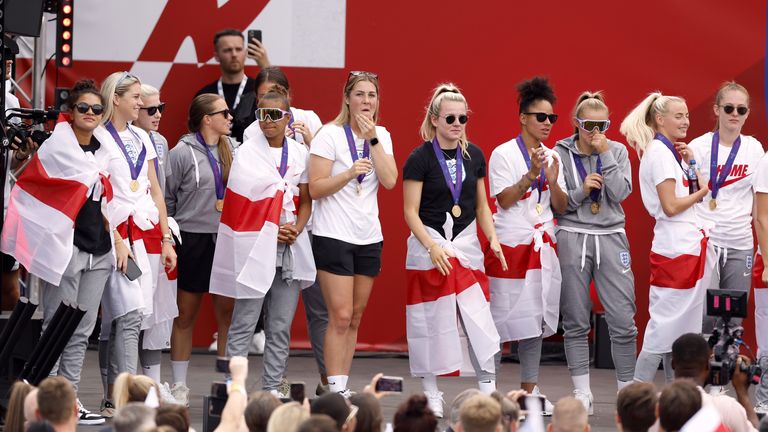 England players on stage during a fan celebration to commemorate England's historic UEFA Women's EURO 2022 triumph in Trafalgar Square, London. Picture date: Monday August 1, 2022.