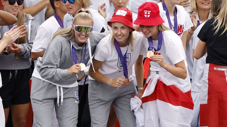 England’s Georgia Stanway, Leah Williamson and Ella Toone (left-right) with their winners medals during a fan celebration to commemorate England&#39;s historic UEFA Women&#39;s EURO 2022 triumph in Trafalgar Square, London. Picture date: Monday August 1, 2022.