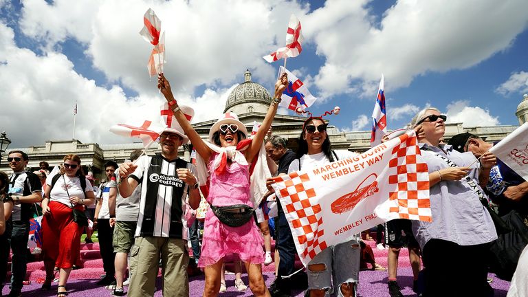 England fans during a fan celebration to commemorate England&#39;s historic UEFA Women&#39;s EURO 2022 triumph in Trafalgar Square, London. Picture date: Monday August 1, 2022.