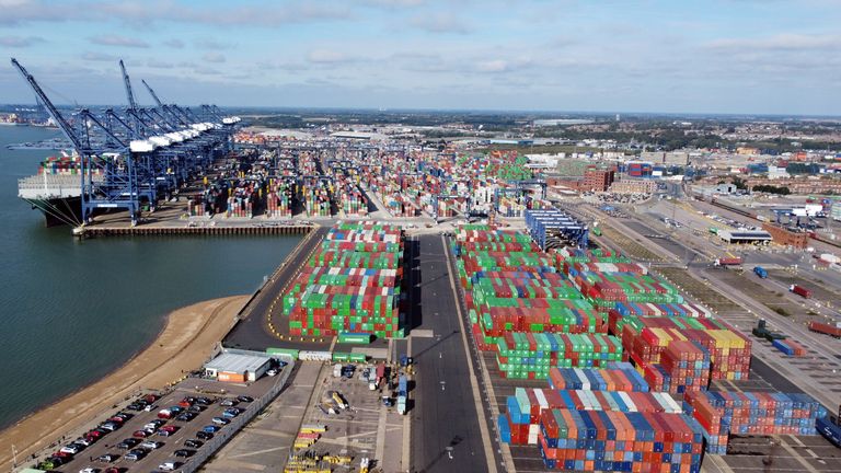 A view shows stacked shipping containers at the port of Felixstowe, Britain, October 13, 2021. Picture taken with a drone. REUTERS/Hannah McKay
