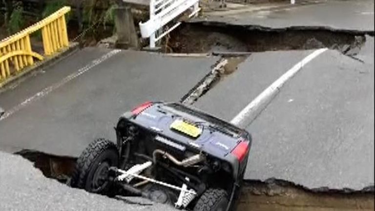 Flooding damages roads in Japan