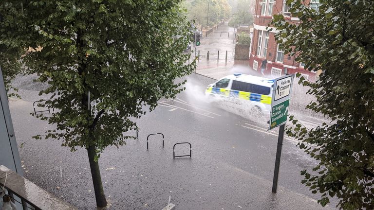 Picture taken with permission from the twitter feed of @TomHuddleston_ of flooding in Northwold Road, in Stoke Newington, London, during a rain storm. After weeks of sweltering weather, which has caused drought and left land parched, the Met Office&#39;s yellow thunderstorm warning forecasts torrential rain and thunderstorms that could hit parts England and Wales. Issue date: Wednesday August 17, 2022.