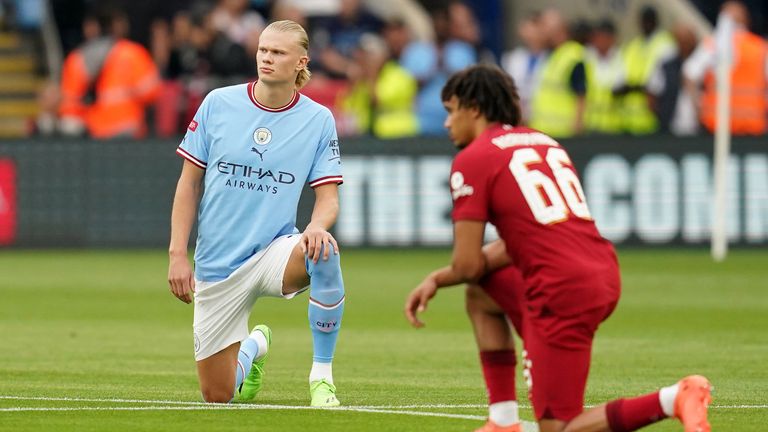 File photo dated 30-07-2022 of Manchester City&#39;s Erling Haaland and Liverpool&#39;s Trent Alexander-Arnold taking a knee before the FA Community Shield. Premier League clubs will no longer take the knee before every match, the governing body has confirmed. Issue date: Wednesday August 3, 2022.