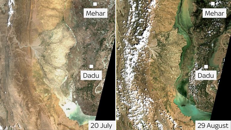Cette image avant et après montre l'impact des inondations sur la région de Dadu.  La zone noire correspond à l'endroit où les données satellite ne sont pas disponibles.  Photo : Navigateur EO/données Coepernicus