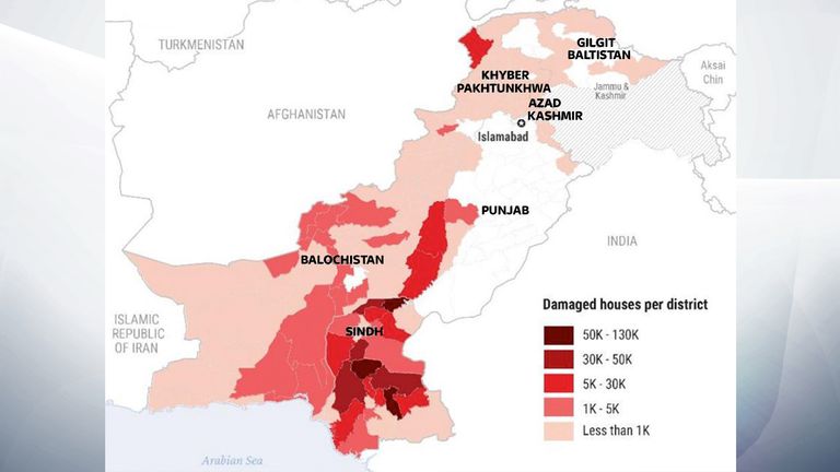 This UN map shows the scale of damage to houses across Pakistan as of 26 August. The boundaries and names on the map do not imply endoresement by the UN. Pic: UN OCHA