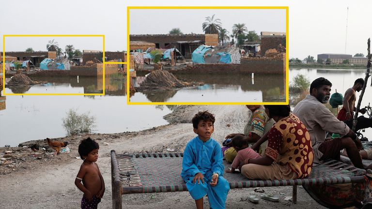 The makeshift shelters are visible in the background