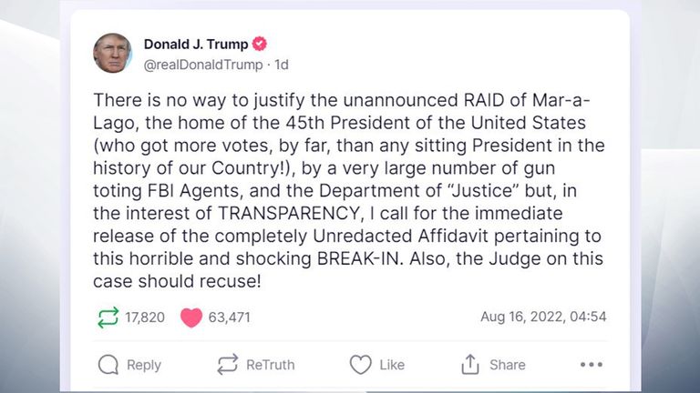 Mr Trump has been posting a flurry of messages about the FBI raid onto Truth Social. Pic: Truth Social