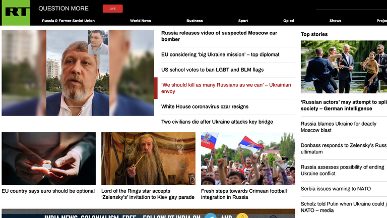 Rus devlet kontrolündeki bir uluslararası haber televizyonu ağı olan RT, Newsguard tarafından tanımlanan sitelerden biriydi.  Resim: RT