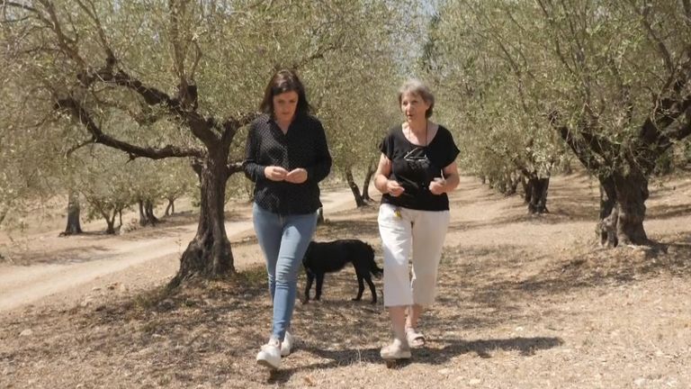 Siobhan Robbins walks with olive farmer Mireille Christine