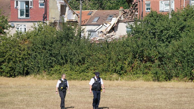 Emergency services at the scene in Galpin&#39;s Road in Thornton Heath, south London, where the London Fire Brigade (LFB) report that a house has collapsed amid a fire and explosion. Picture date: Monday August 8, 2022.

