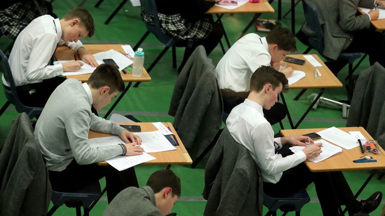 Undated file photo of students sitting an exam. The best teachers should be assigned to lower-ability pupils to raise GCSE grades, a report suggests. The researchers from Bristol University used observation data of 251 maths and English teachers with just over 7,000 Year 11 pupils in England from 32 state schools over a two-year period. Issue date: Tuesday May 24, 2022.
