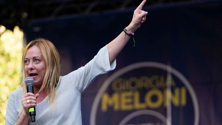 Giorgia Meloni launching her campaign ahead of the election on 25 September. Pic: AP