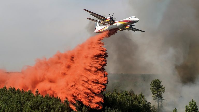This photo provided by the fire brigade of the Gironde region SDIS 33, (Departmental fire and rescue service 33) shows a plane dropping fire-retardant as firefighters tackle a blaze near Saint-Magne, south of Bordeaux, southwestern France, Thursday, Aug. 11, 2022. (SDIS 33 via AP)


