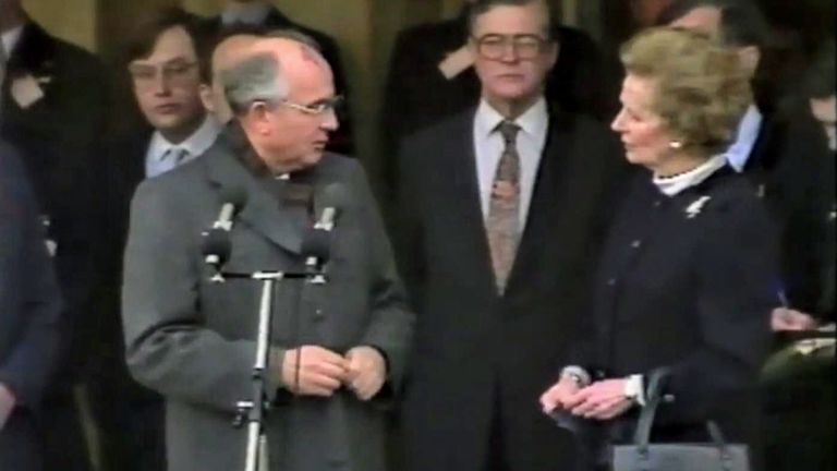 Mikhail Gorbachev at Brize Norton with Prime Minister Margaret Thatcher December 1987