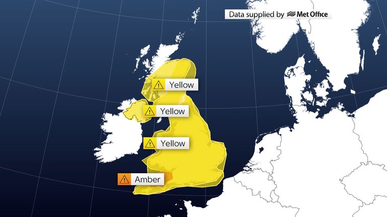 Yellow and amber thunderstorm warnings issued for parts of UK 