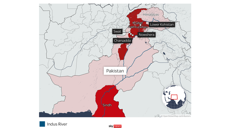 Map of Pakistan showing areas affected by flooding 