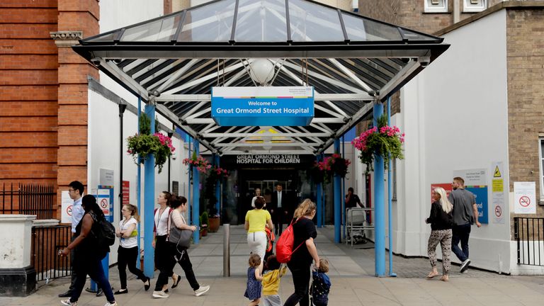 An exterior view shows the main entrance of Great Ormond Street Hospital in London, Tuesday, July 18, 2017. American doctor Dr. Michio Hirano of Columbia University, who specializes in treating rare genetic conditions, is meeting on Monday and Tuesday with other specialists at the hospital treating Charlie Gard, assessing the critically ill 11-month-old for the first time. The parents have fought in court for permission to take the child to the United States for treatment. (AP Photo/Matt Dunham)....       