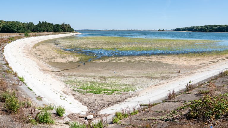 Reduced water levels at Hanningfield Reservoir, in Essex. The Met Office has issued an amber warning for extreme heat covering four days from Thursday to Sunday for parts of England and Wales as a new heatwave looms. Picture date: Wednesday August 10, 2022.

