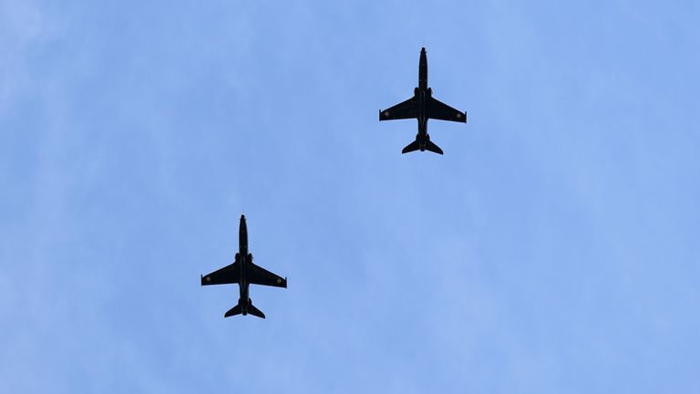 Hawk training jets are seen overhead as aircraft from the Royal Navy, British Army and Royal Air Force conduct a practice flypast from RAF Cranwell, Lincolnshire, as they rehearse for the Queen&#39;s Birthday Parade. Picture date: Tuesday May 24, 2022.