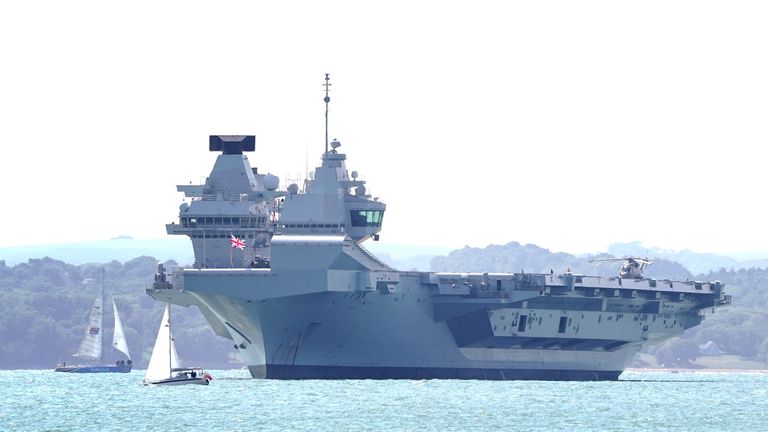 Aircraft carrier HMS Prince of Wales sits off the coast of Gosport, Hampshire, after it suffered a propeller shaft malfunction. The GBP 3 billion warship left Portsmouth Naval Base on Saturday before an "emerging mechanical issue" occurred off the south-east coast of the Isle of Wight. Picture date: Tuesday August 30, 2022.

