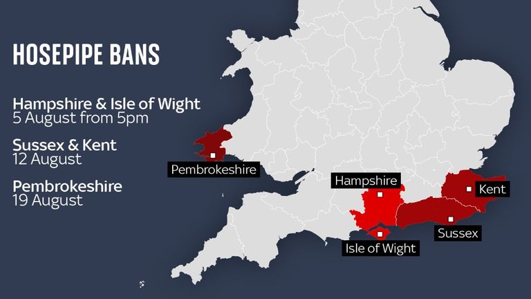 A map of the confirmed hosepipe bans in England and Wales 