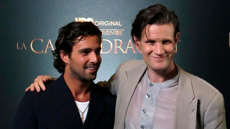 Actors Fabien Frankel, left, and Matt Smith pose for photos during the red carpet event to promote the series House of the Dragon in Mexico City,  July 29, 2022. (AP Photo/Berenice Bautista)