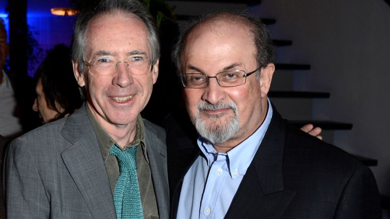 Melvyn Bragg, Ian McEwan Sir Salman Rushdie poses at Sir Salman Rushdie Book Launch Party at the The Collection on Friday September 14, 2012 in London. (Photo by Jon Furniss/Invision/AP)