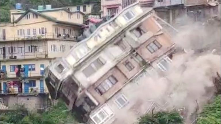 An evacuation building collapsed due to a landslide in Shimla, Himachal Pradesh, India