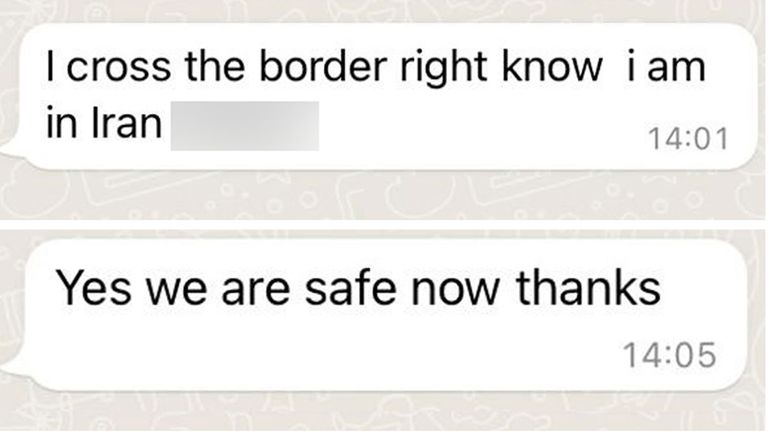 The text that Ahmad sent Sky News after reaching safety from the Taliban in Iran.