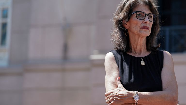 Diane Foley, mother of James Foley, a US journalist killed by Islamic State (IS) militants, speaks to reporters outside the federal court following the sentencing of El Shafee Elsheikh, a former British citizen and IS fighter, in Alexandria, Virginia, United United, August 19, 2022.