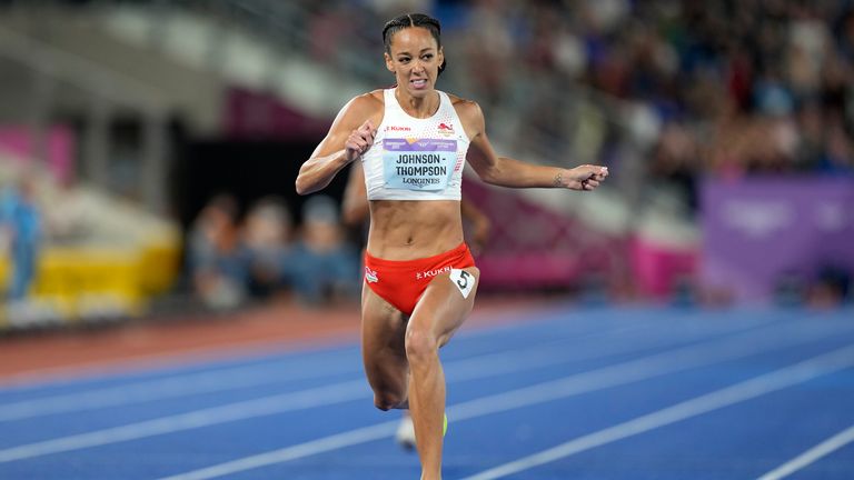 England&#39;s Katarina Johnson-Thompson competes in the Heptathlon 200m in the Commonwealth Games. Pic: AP