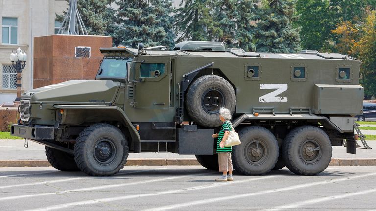 An armoured truck of pro-Russian troops is parked in Kherson in July