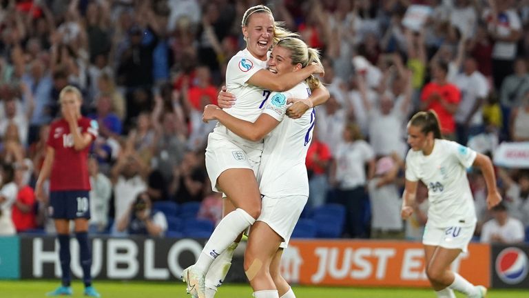 Alessia Russo (right) celebrates with fellow goalscorer Beth Mead during their match against Norway