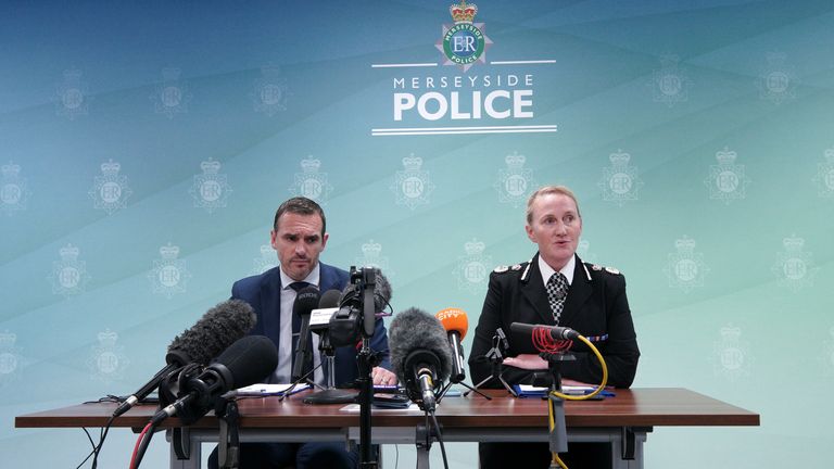 DCS Mark Kameen and Chief Constable Serena Kennedy from Merseyside Police speak to the media at force headquarters in Rose Hill after a nine-year-old girl was fatally shot in Knotty Ash, Liverpool, on Monday. Two other people are in hospital with gunshot wounds after officers attended a house in Kingsheath Avenue, Knotty Ash. Picture date: Tuesday August 23, 2022.

