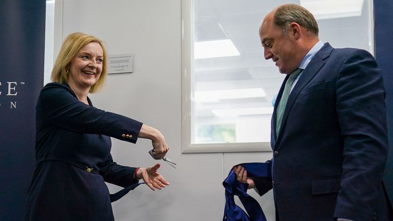Conservative Party leadership candidate Liz Truss and British Defense Secretary Ben Wallace visit the Reliance Precision engineering company ahead of a hustings event later, in Huddersfield