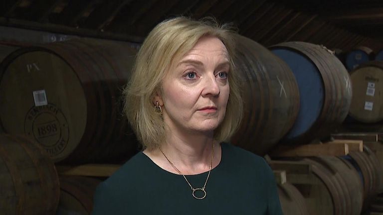 Liz Truss  on sky news during her visit to  the BenRiach Distillery