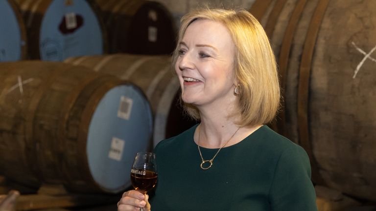 Liz Truss with Scottish Conservative Leader Douglas Ross during a campaign visit to the BenRiach Distillery in Speyside, as part of her campaign to be leader of the Conservative Party and the next prime minister. Picture date: Tuesday August 16, 2022.
