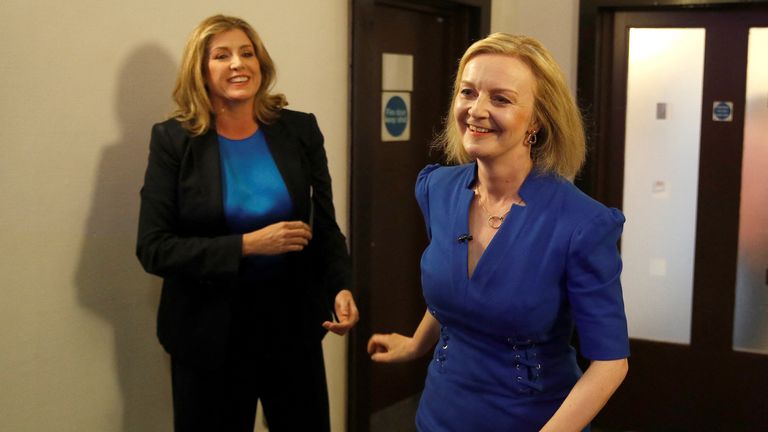 MP Penny Mordaunt and Conservative leadership candidate Liz Truss attend a hustings event, part of the Conservative leadership campaign, in Exeter, Britain, August 1, 2022. REUTERS/Peter Nicholls