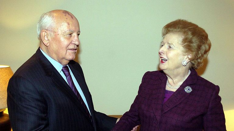Former Soviet President Mikhail Gorbachev shakes hands with Lady Thatcher in 2005